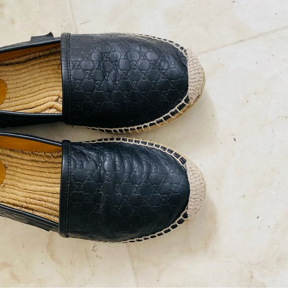 Gucci Micro Guccissima GG Monogram Black Leather Espadrilles Flats Size 8/38